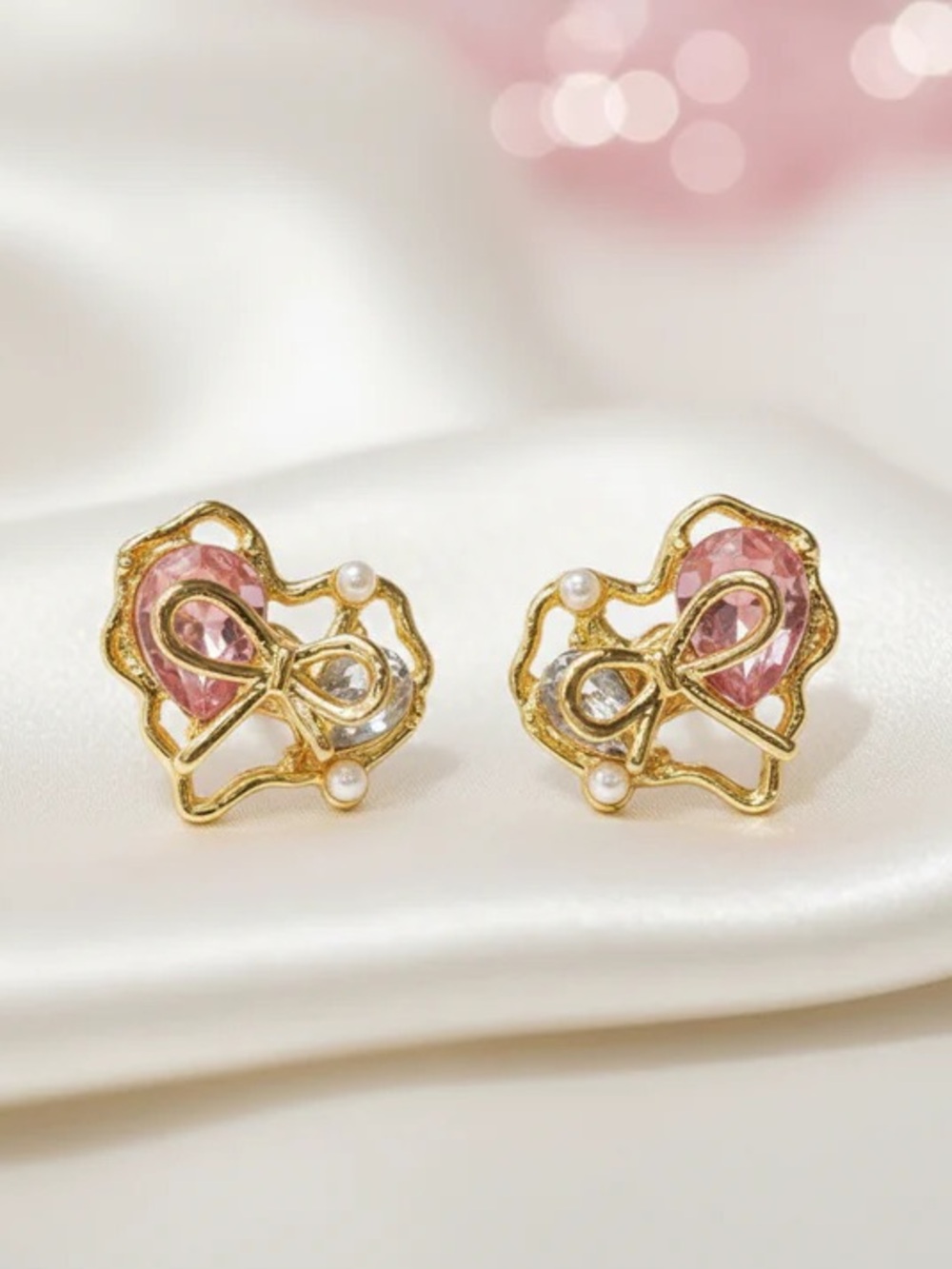 Gold-Tone Pink Crystal & Pearl Accent Stud Earrings